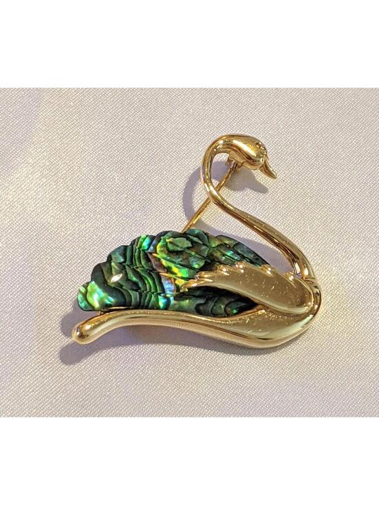 Jewelry - Vintage Gold Tone SWAN Shaped Pin Brooch w/ Inset Abalone Lucite Rainbow Swirls